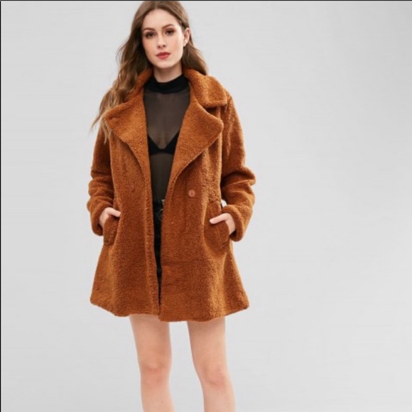 Fluffy brown coat - double breasted buttons - Picture 4 of 6